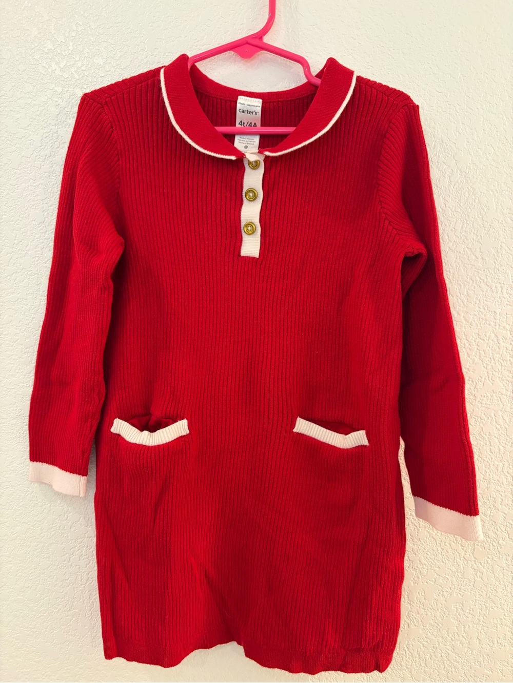 Carter's Red Knit Girls' Long-Sleeve Pajama Dress with Cream Trim